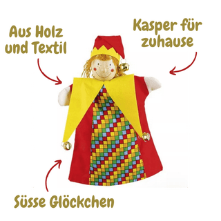 Goki Kasper Handpuppe aus Holz und Textil mit buntem Kostüm und Glöckchen. Ideal für Kaspertheater zuhause.