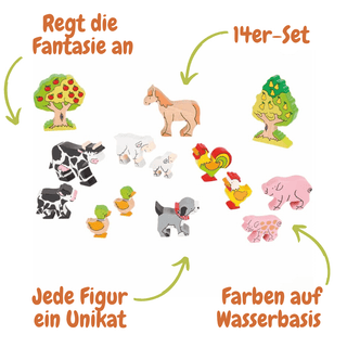 14-teiliges goki Holz-Bauernhoftier-Set mit Kuh, Schwein, Schaf, Hund, Ente, Pferd, Hahn und Bäumen. Fördert Fantasie.