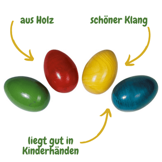 Bunte Egg Shaker aus Holz von Goki in Rot, Gelb, Grün und Blau, ideal für Kinderhände.