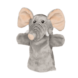 Graue Elefanten-Handpuppe von goki mit großen Ohren und weißen Stoßzähnen. Ideal für fantasievolles Spielen.