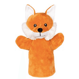 Plüschige Fuchs-Handpuppe von goki, orangefarben mit weißem Gesicht und Brust. Ideal zum Spielen und Kuscheln.