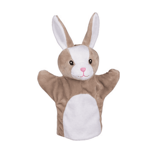 Plüschige braune und weiße Hasen-Handpuppe von goki. Ideal für fantasievolles Spielen.