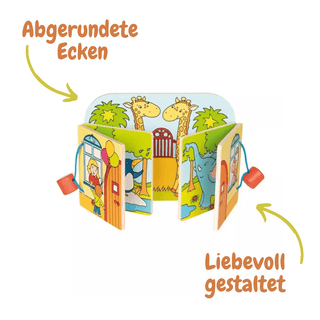 Goki Holzbilderbuch "Besuch im Zoo" mit abgerundeten Ecken. Offenes Leporello zeigt bunte Zoo-Szenen mit Giraffen, Pinguin...
