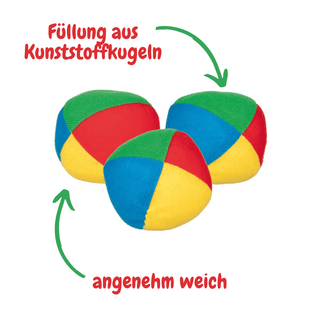 Drei weiche Jonglierbälle von goki in rot, gelb, grün und blau. Gefüllt mit Kunststoffkugeln. Ideal zum Jonglieren lernen.