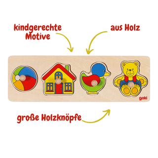 Goki Steckpuzzle aus Holz mit großen Knöpfen. Kindgerechte Motive: Ball, Haus, Ente, Bär. Fördert Hand-Augen-Koordination.