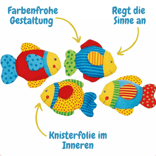 Drei bunte Stoff-Fische von goki mit Knisterfolie, ideal für Babys und Kleinkinder.