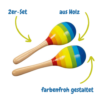 Goki Rhythmus-Maracas, 2er-Set. Farbenfroh gestreifte, hölzerne Maracas in Regenbogenfarben. Ideal für Kinder zum Musizier...