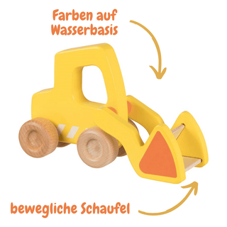 Gelber Holz-Radlader von goki mit beweglicher Schaufel und Holzrädern. Farben auf Wasserbasis. Spielzeug für Kinder.