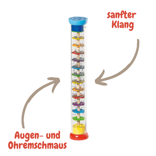 Großer Regenstab von goki mit bunten Scheiben und silbernen Kügelchen in durchsichtiger Röhre. Sanfter Klang. Augen- und O...