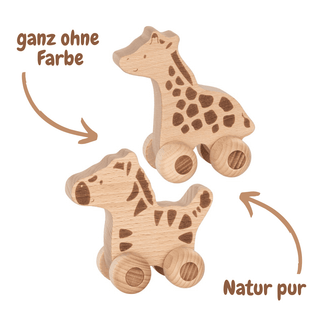 Goki Schiebetiere Zebra und Giraffe aus naturbelassenem Holz mit eingebrannten Streifen bzw. Flecken. Fördert spielerisch ...