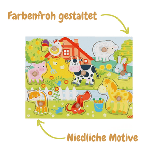 Farbenfrohes Steckpuzzle mit niedlichen Bauernhoftieren wie Kuh, Schwein, Pferd, Hund und Katze von goki. Fördert Hand-Aug...