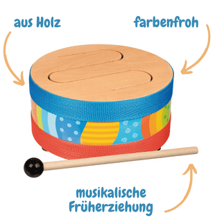 Bunte Schlitztrommel aus Holz von Goki mit Schlägel, ideal für musikalische Früherziehung.
