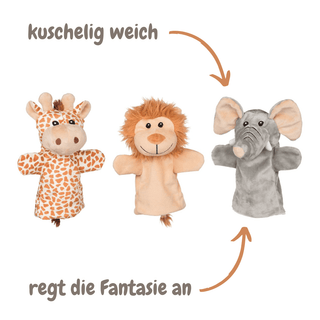 Goki Wilde Handpuppen: Giraffe, Löwe und Elefant. Kuschelig weich, regt die Fantasie an. Ideal für Kinder.